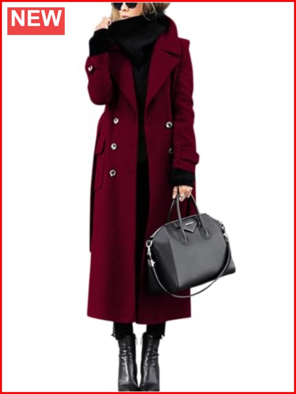 Wool Blend Pea Coat Double Breasted Belted Mid Long Trench Coat